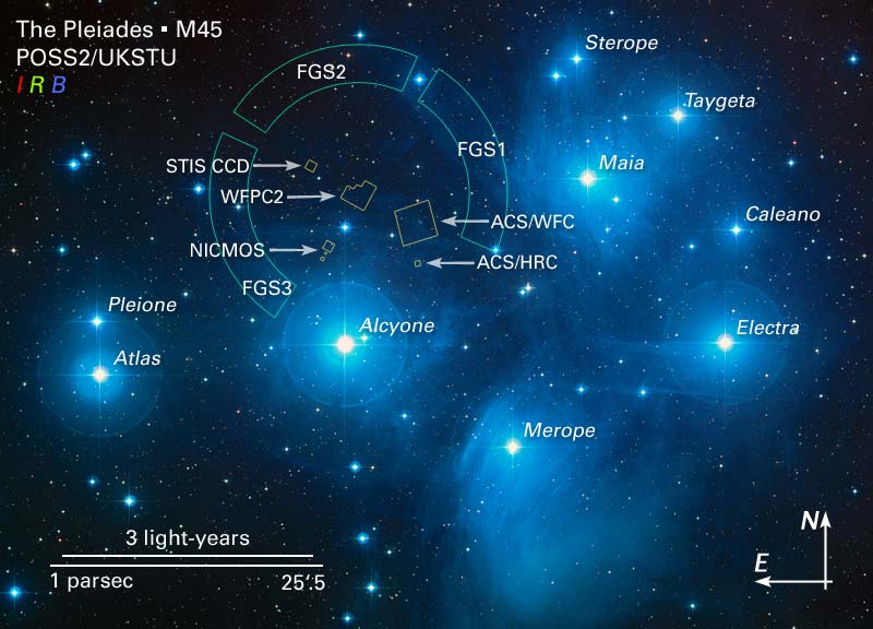 The Pleiades (M45) with its seven brightest stars labelled